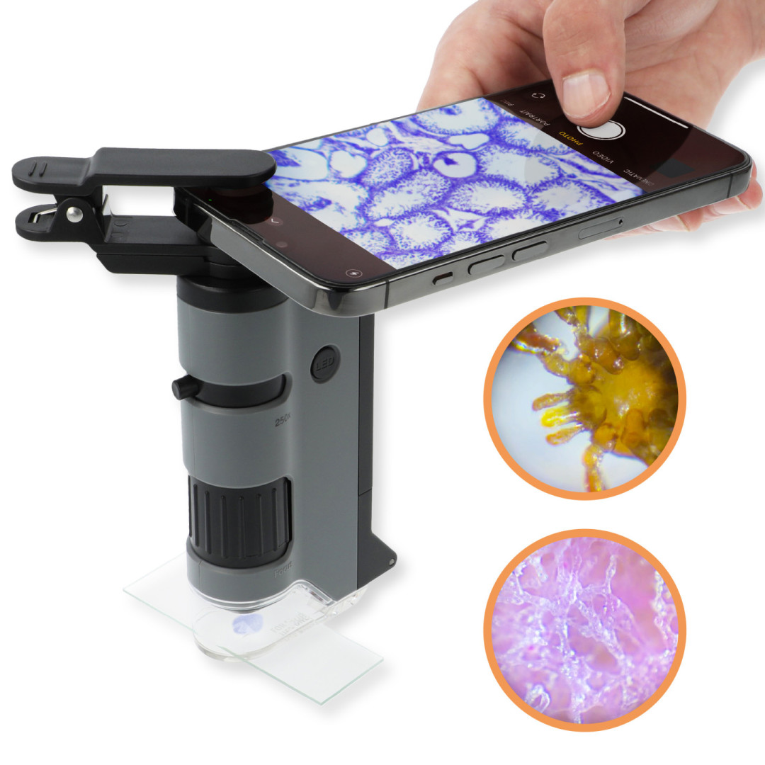 Mikroskop Carson MicroFlip™ 100x-250x LED UV s klipom na smartfón